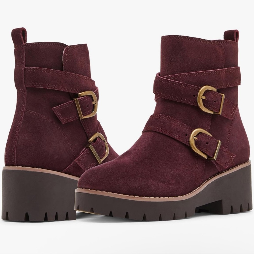 Blondo Burgundy Suede Double-Buckle Ankle Boots
